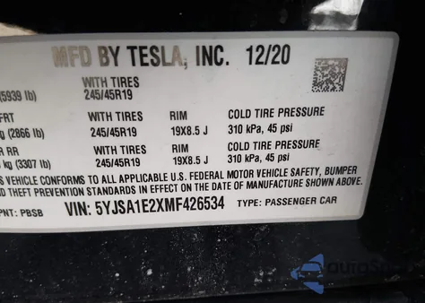 2021 Tesla Model S Long Range Dual Motor All-Wheel Drive/Long Range Plus Dual Motor All-Wheel Drive z USA, uszkodzony, nr VIN 5YJSA1E2XMF426534